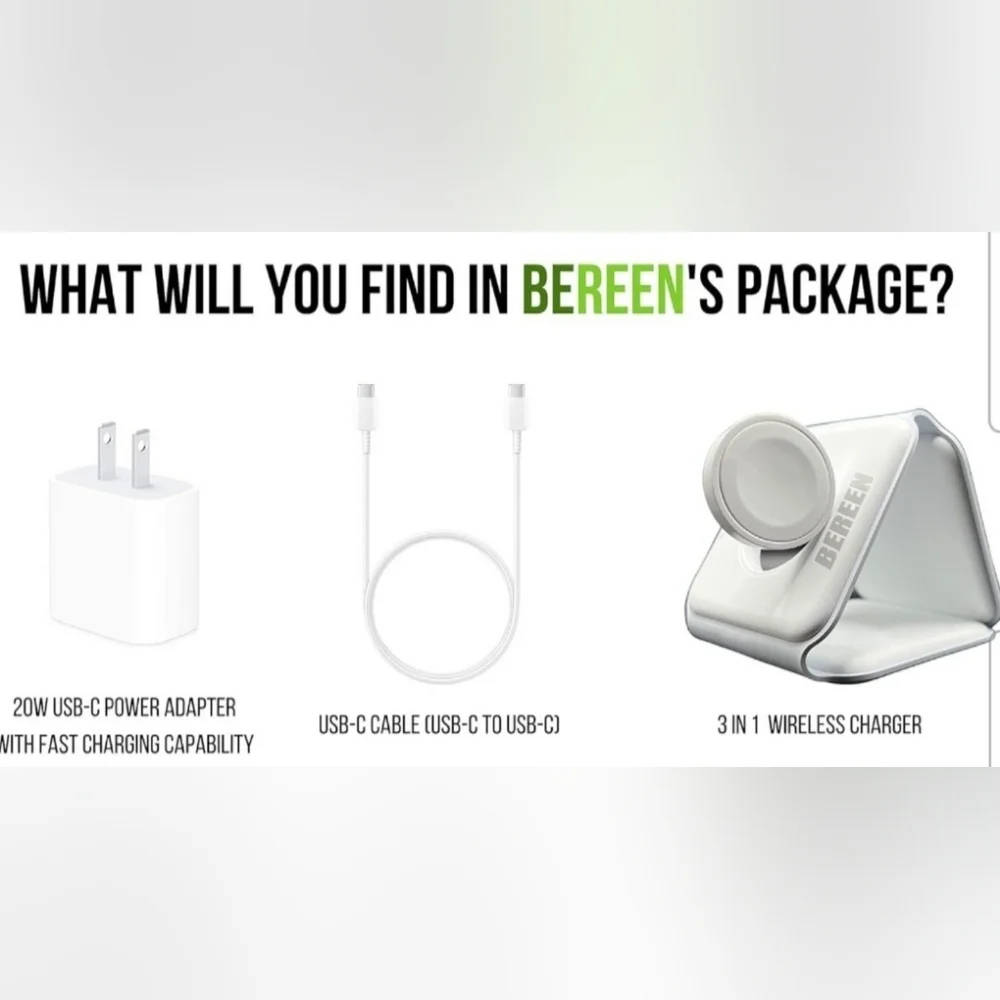 BEREEN Foldable 3 in 1 Charging Station, Travel Charger for Multiple Devices